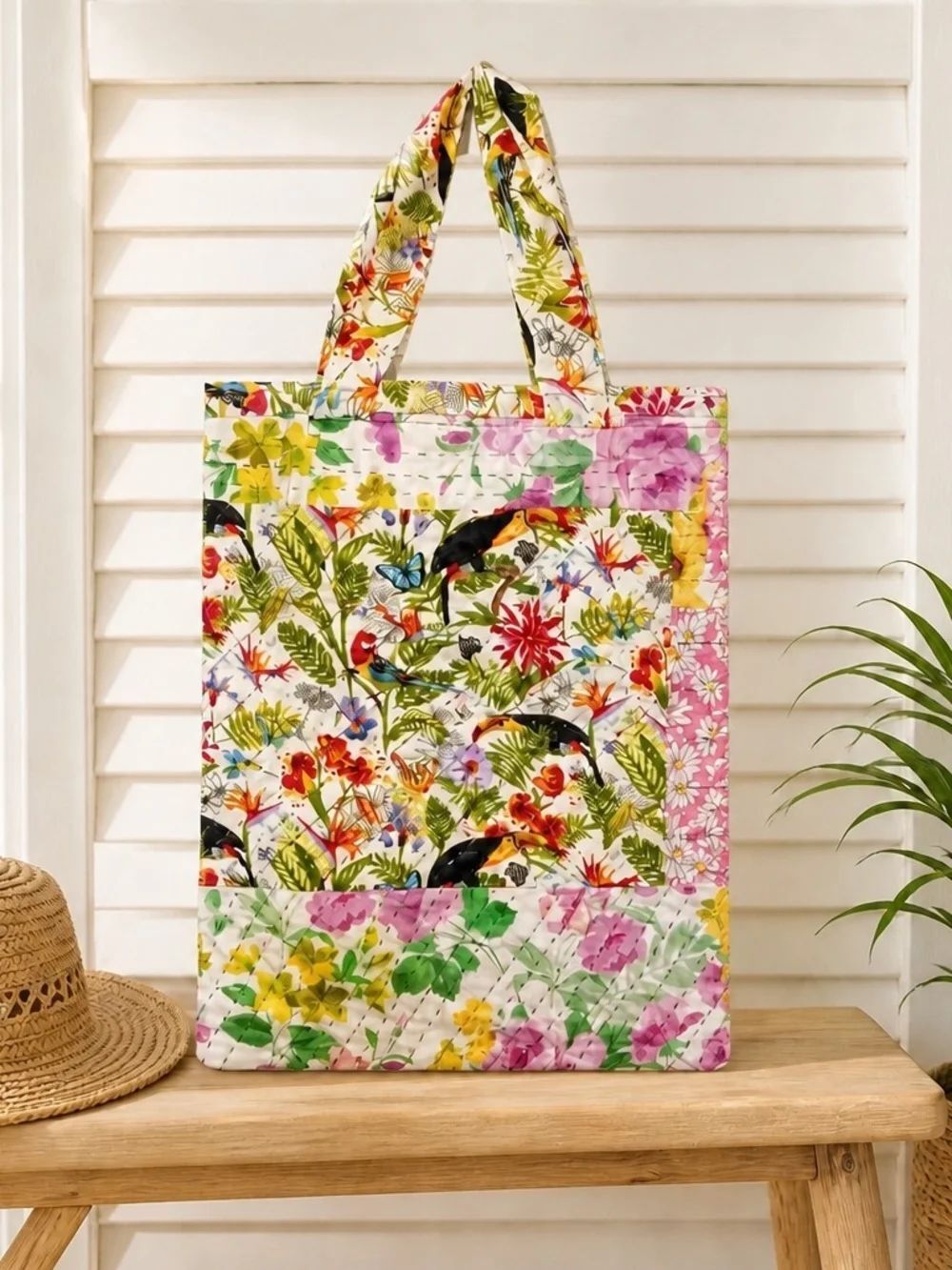 Floral Quilted Tote Bag in Multicolor - Women's Garden Print Shopper